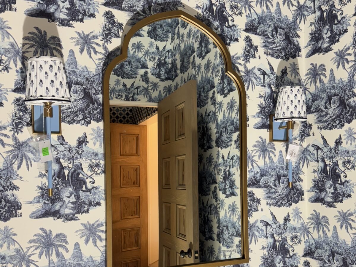 Blue and white hand-drawn wallpaper with a lattice ceiling in a Palm Beach residence by Salt Wallcovering
