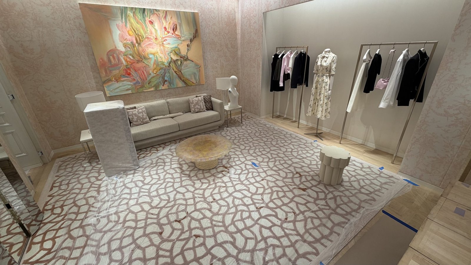 Textured wallcovering installation in a fashion boutique by Salt Wallcovering