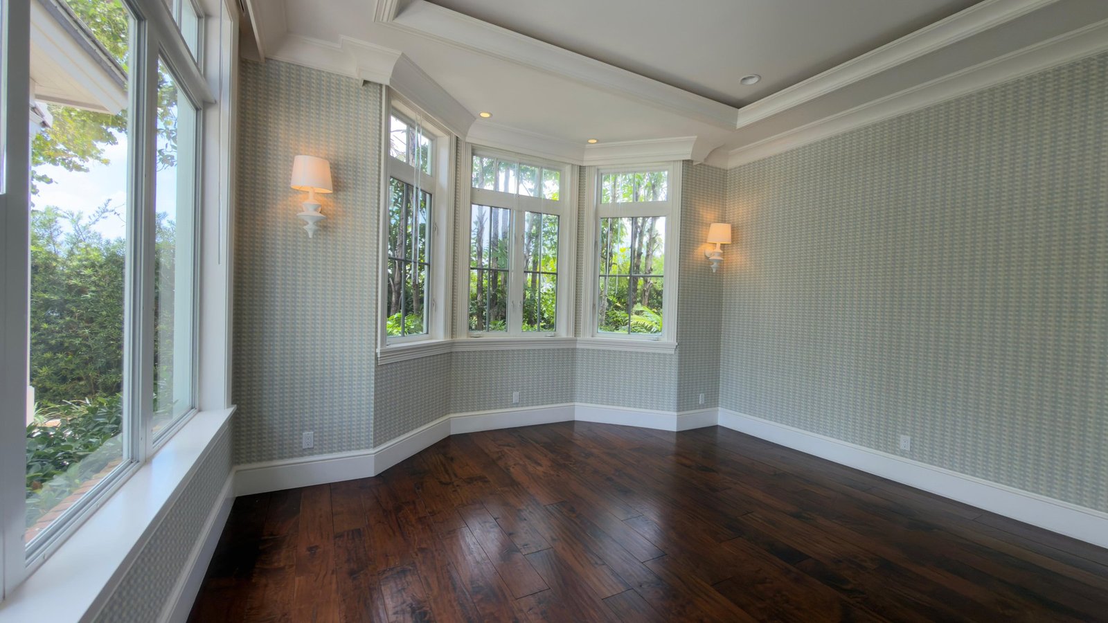 Sunroom with textured geometric wallcovering in a private residence in Fort Lauderdale by Salt Wallcovering