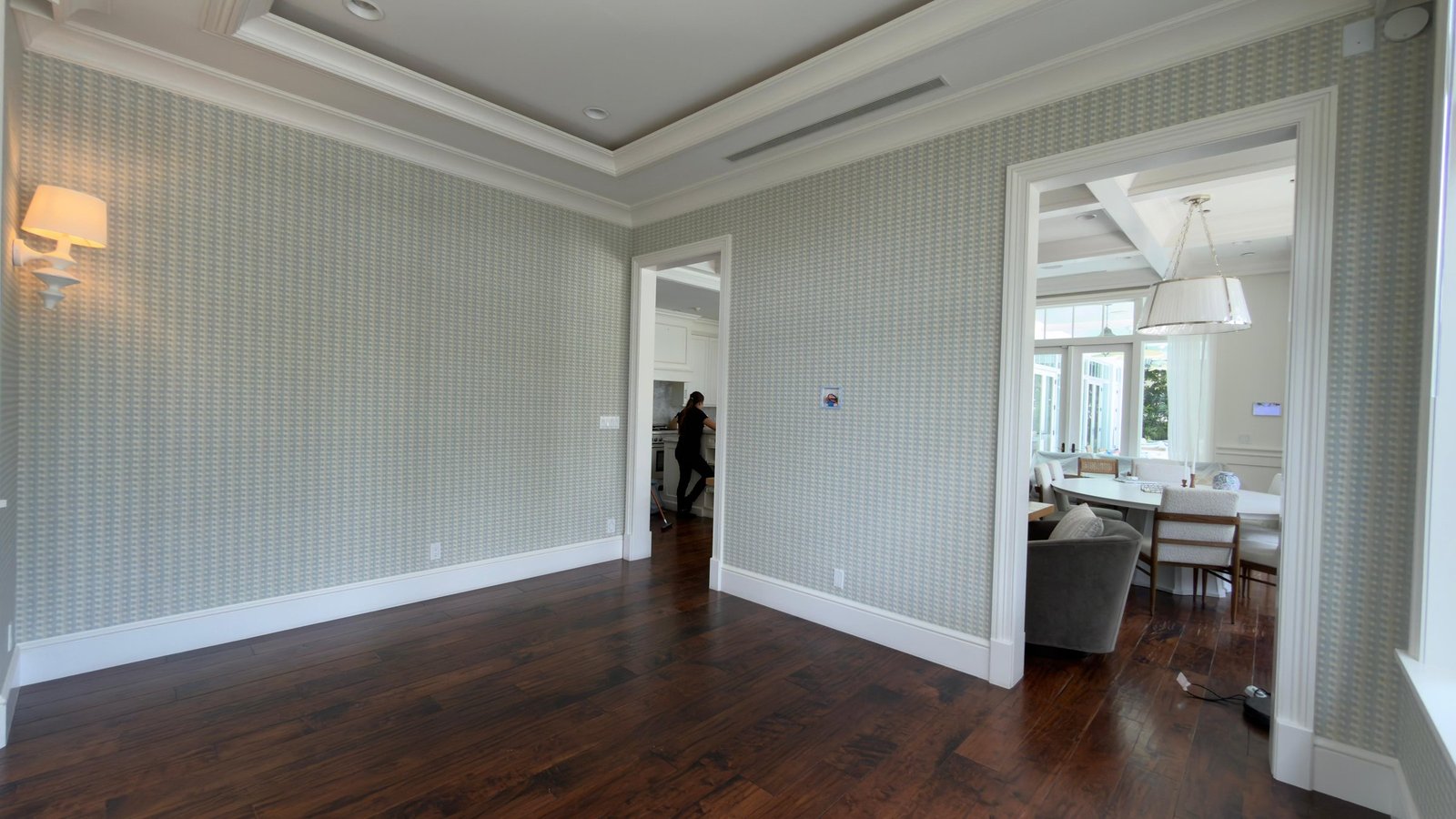Sunroom with textured geometric wallcovering in a private residence in Fort Lauderdale by Salt Wallcovering