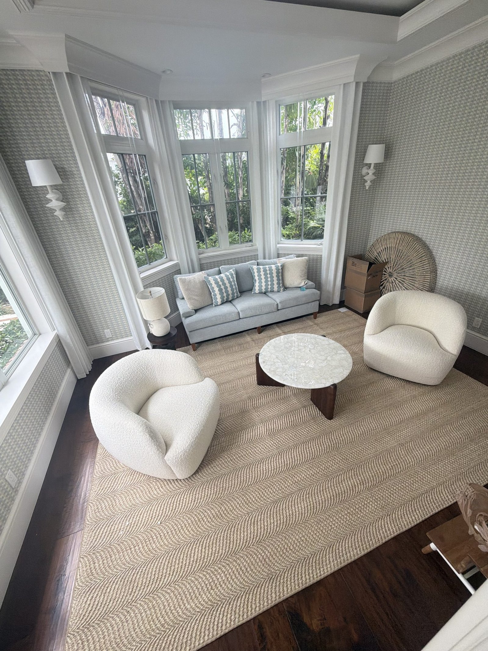 Living room with textured wallcovering in a private residence in Fort Lauderdale by Salt Wallcovering