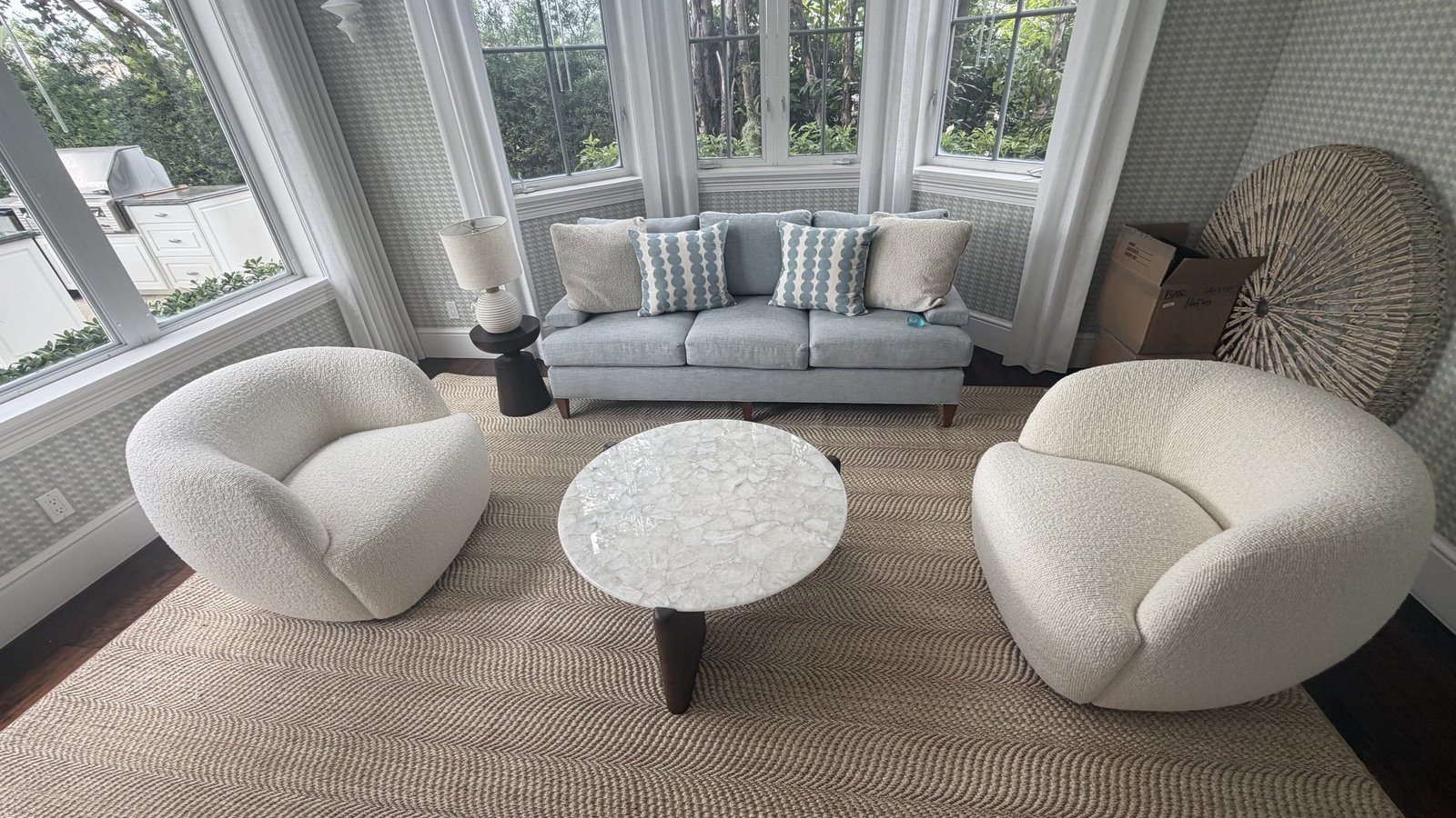 Living room with textured wallcovering in a private residence in Fort Lauderdale by Salt Wallcovering
